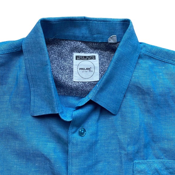 Projek Raw Mens Shirt XXL Linen Blend Blue Button Up Pocket - Picture 3 of 6